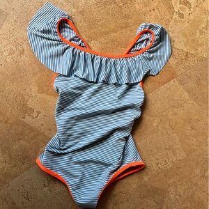 Cute girls blue striped swimsuit
